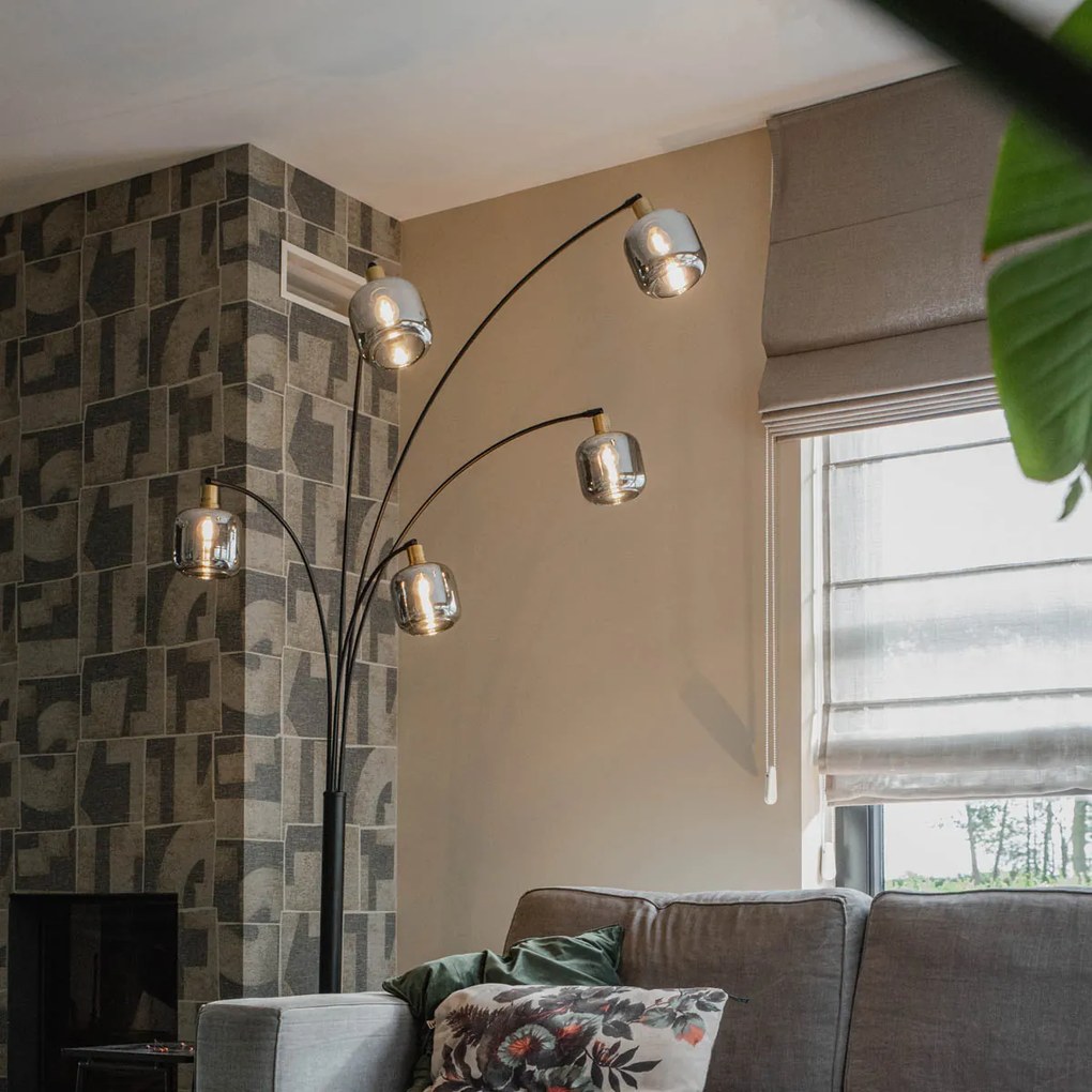 Stojaca lampa čierna so zlatom s dymovým sklom 5-svetlo - Zuzanna