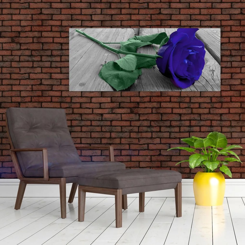 Obraz - Modrá ruža so zelenou stonkou (120x50 cm)