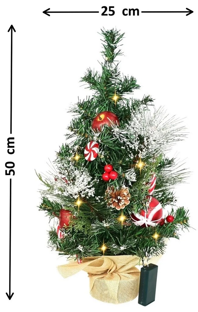 Zdobený vianočný stromček s osvetlením, 50 cm, 10 LED, teplá biela