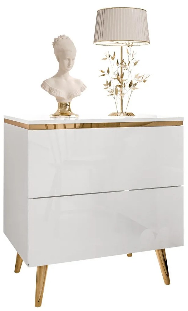NOČNÝ STOLÍK NESSIE 2 BIELY LESK + ZLATÝ NA NOŽIČKÁCH 13 cm LED