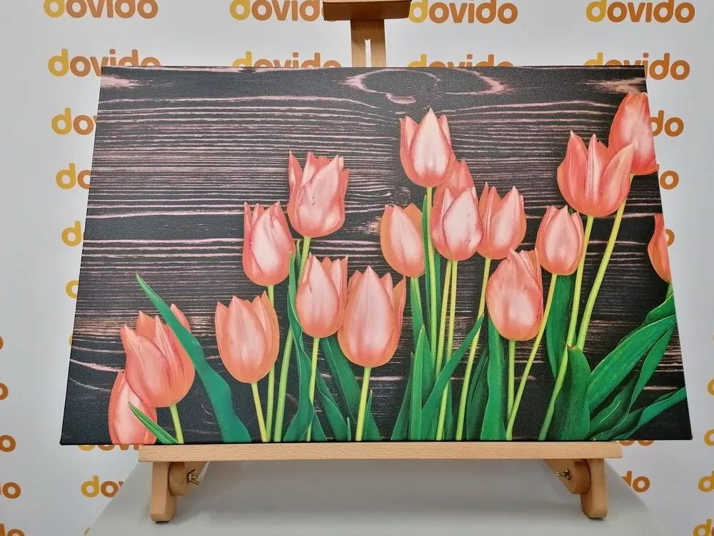 Obraz očarujúce oranžové tulipány na drevenom podklade - 90x60