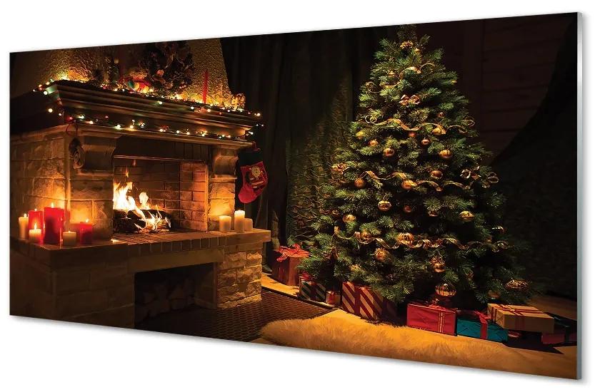 Sklenený obraz Vianočných ozdôb krbovej darčeky 140x70cm