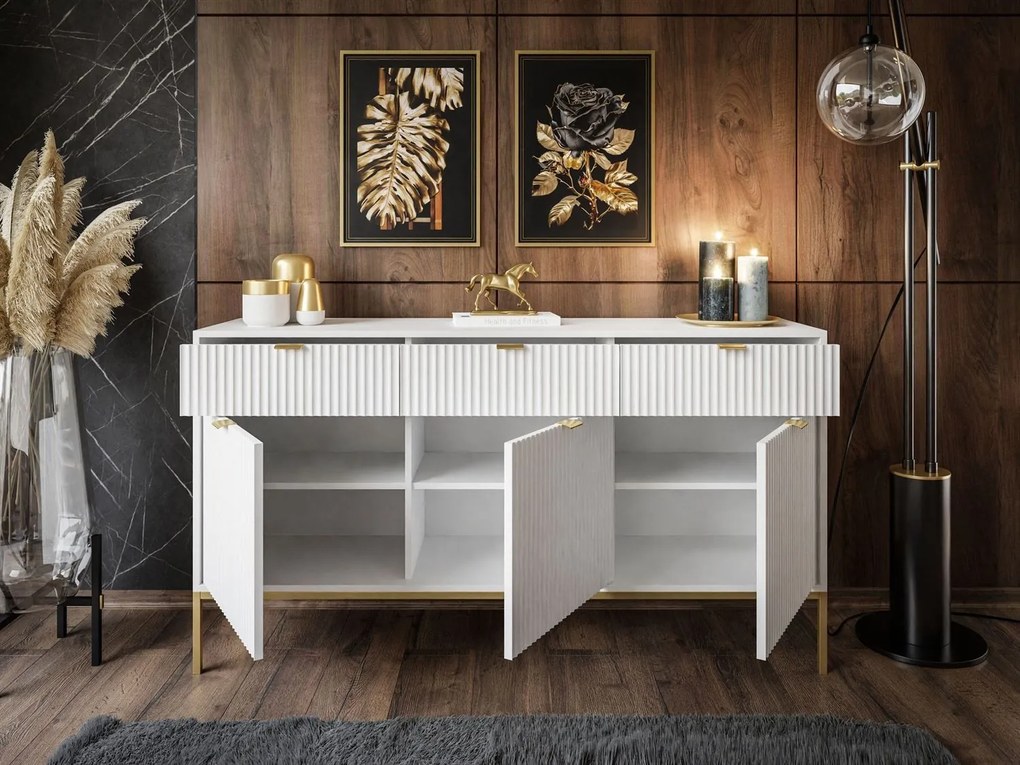 KOMODA VIGGO BIELA + ZLATÝ PODSTAVEC 154 cm