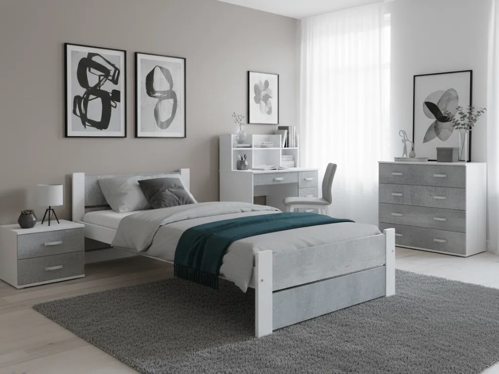 Posteľ IKAROS DOUBLE 90 x 200 cm, betón/biela Rošt: S latkovým roštom, Matrac: Matrac COCO MAXI 20 cm