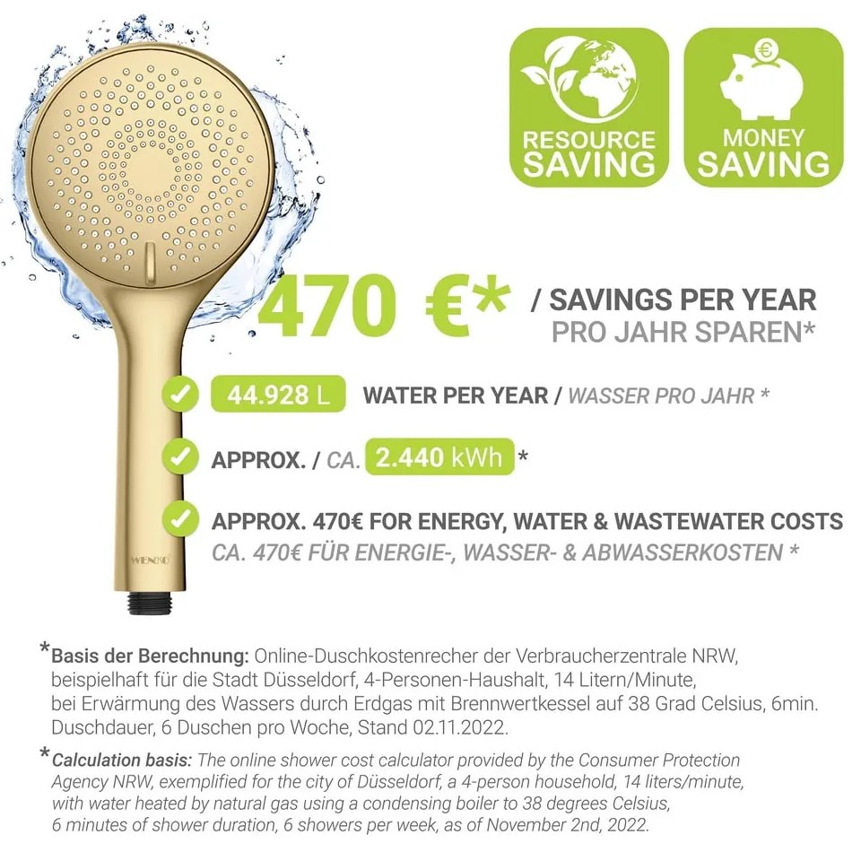 Matne zlatá plastová úsporná sprchová hlavica ø 11 cm Watersaving System – Wenko