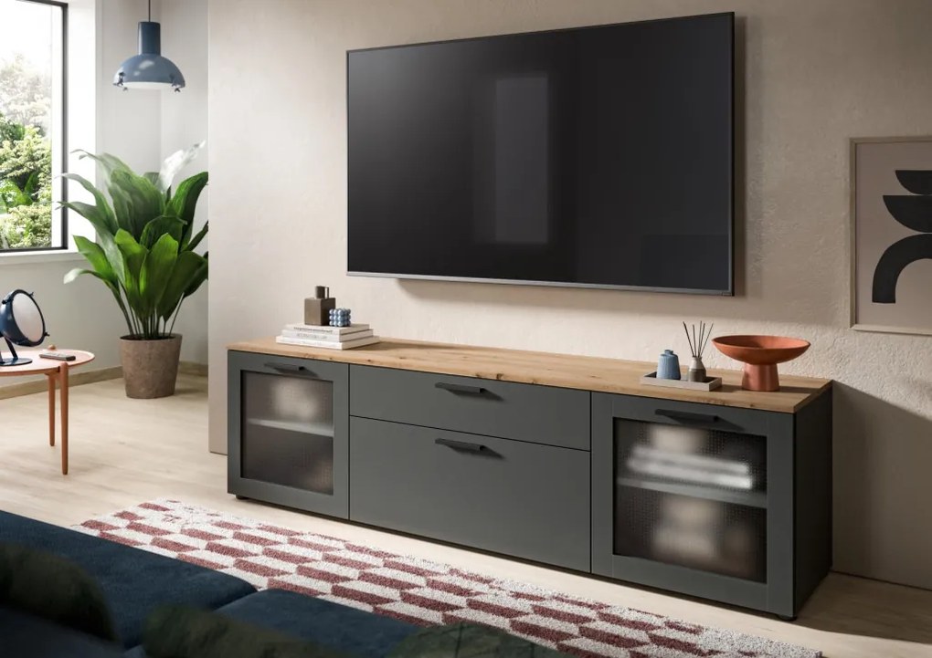 Široká TV skrinka Niklas, 185 cm, šedá/dub artisan