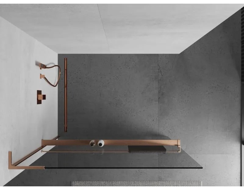 Mexen Kioto+ L, sprchová zástena Walk-In s poličkou a vešiakom 95 x 200 cm, 8mm číre sklo, medený matný profil, 800-095-123-65-00