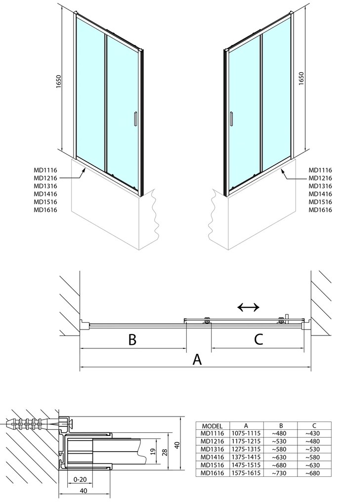 Polysan, DEEP sprchové dvere 1600x1650mm, číre sklo, MD1616
