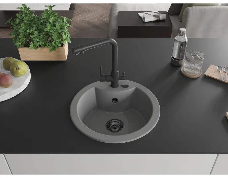 Mexen Diego, 1-komorový granitový drez 488x488x167 mm, čierna batéria Duero, šedá, 6512-71-671600-70-B