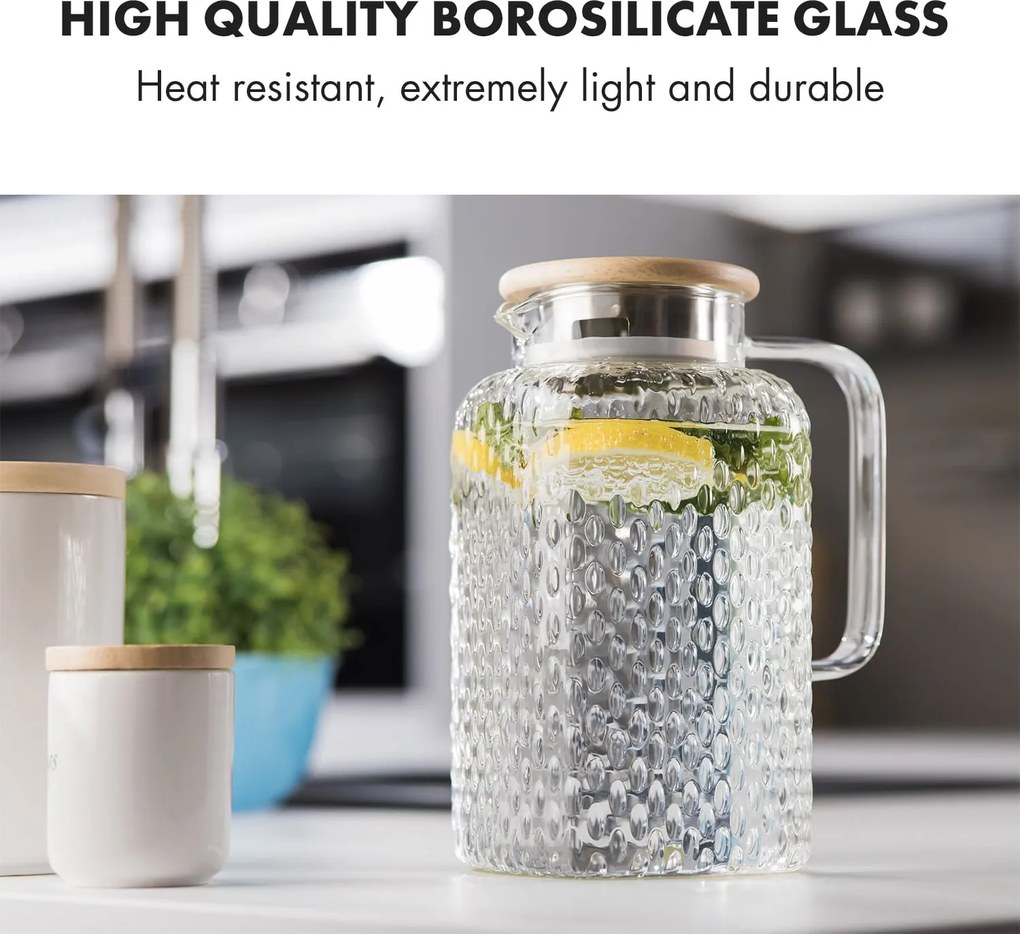 Klarstein Livenza, džbán na vodu, 1,5 l, borosilikátové sklo, sitko z nehrdzavejúcej ocele, vrchnák z dubového dreva