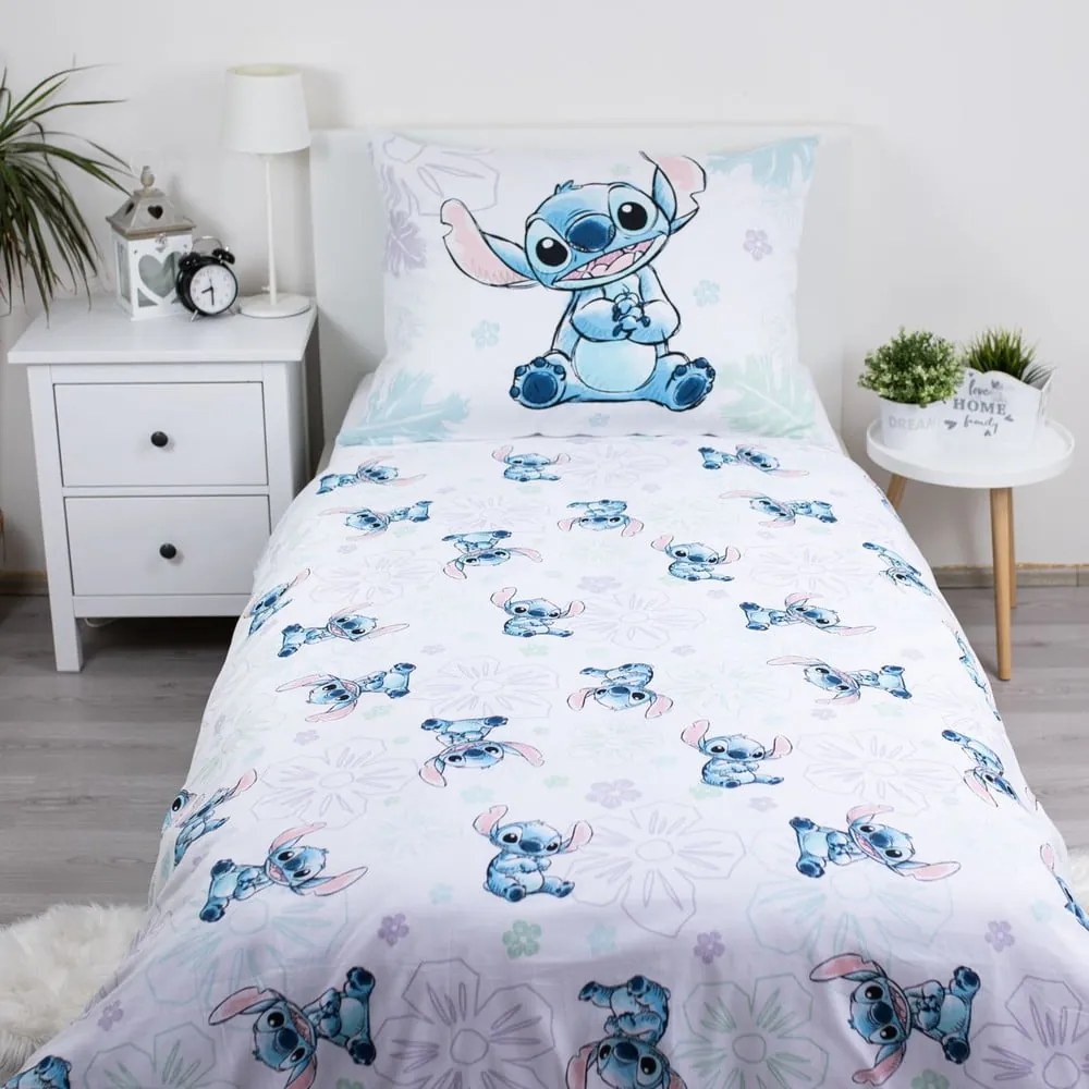 Biele bavlnené detské obliečky na jednolôžko 140x200 cm Lilo and Stitch "Ohana White" – Jerry Fabrics