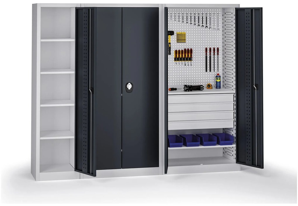 Policová dielenská skriňa 2-dverová, 4 police + 4 zásuvky, 1950 × 950 × 500 mm, grafitové dvere