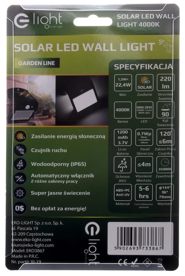 Ecolamp Exteriérové solárne nástenné LED svietidlo Butterfly, 1x LED 1,5w, čierna, pohybový senzor