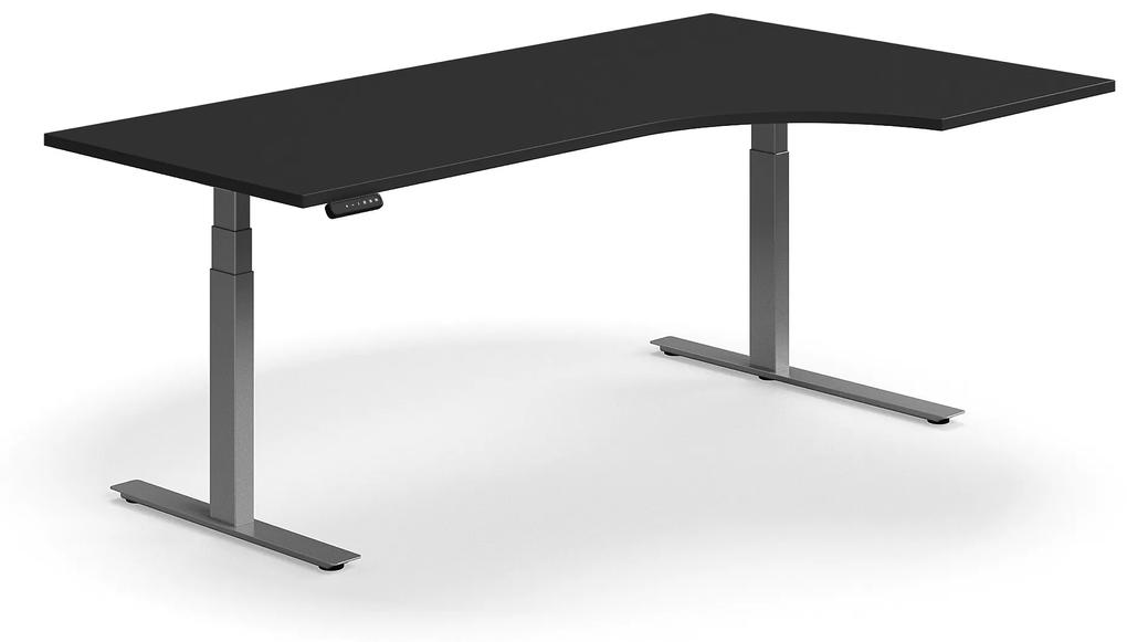 Výškovo nastaviteľný stôl QBUS, rohový, 2000x1200 mm, strieborný rám, čierna