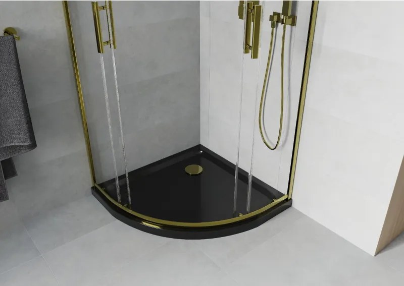 Mexen Rio, štvrťkruhový sprchovací kút s posuvnými dverami 90(dvere) x 90(dvere) x 190 cm, 6mm číre sklo, zlatý profil + čierna sprchová vanička SLIM, 863-090-090-50-00-4170G
