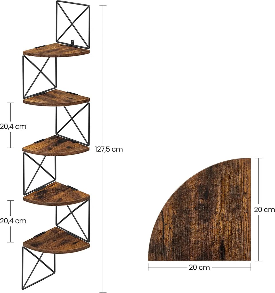 Nástenná rohová polica, 5 úrovní, rustikálna hnedá a čierna
