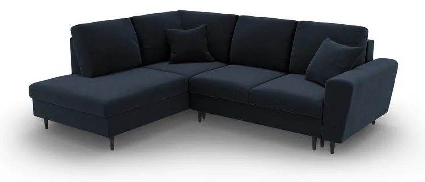 Tmavomodrá zamatová rozkladacia/s úložným priestorom rohová pohovka (ľavý roh/do L) Kyoto – Cosmopolitan Design