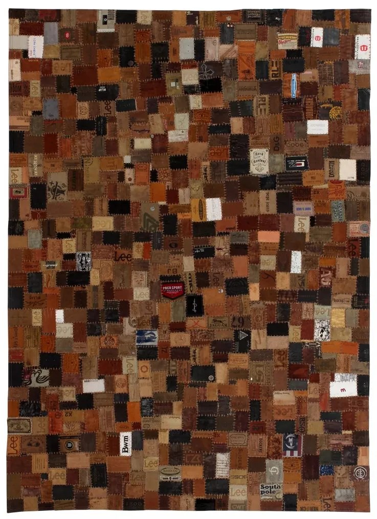 vidaXL Koberec z kožených vysačiek z džínsov, patchwork, 80x150 cm hnedý