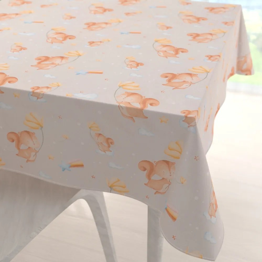 Biante Detský bavlnený štvorcový obrus Sandra SA-525 Veveričky s kvietkami na sivobéžovom 90x90 cm