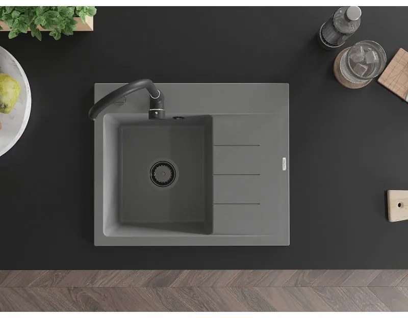 Mexen Ben, 1-komorový granitový drez 600x500x190 mm, ľavý + čierny sifón, šedá, 6522605000-71-B
