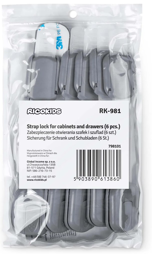 Ricokids bezpečnostné zariadenie na otváranie skríň 798101 6 ks sivé