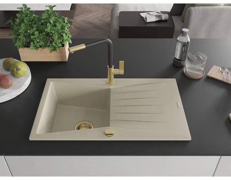Mexen Cesar, 1-komorový granitový drez 775x470x190 mm a drezová batéria Flora, béžová, 6514-69-670401-57-G