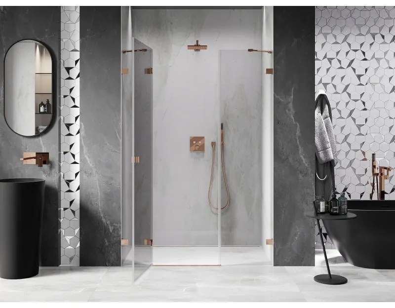 Mexen Lunar, ľavé otočné sprchové dvere 125 cm, 8mm číre sklo, ružové zlato profil, 834S-125-050-60-00-L