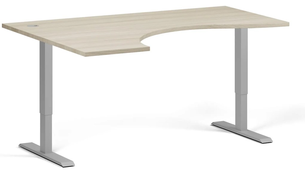 Ergonomický výškovo nastaviteľný stôl, 160x120 cm, 2 motory, L/P, sivá podnož, dub prírodný