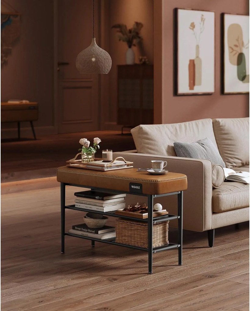 EKHO Lavička s policami na topánky, čalúnené sedadlo, botník, karamelovo hnedá