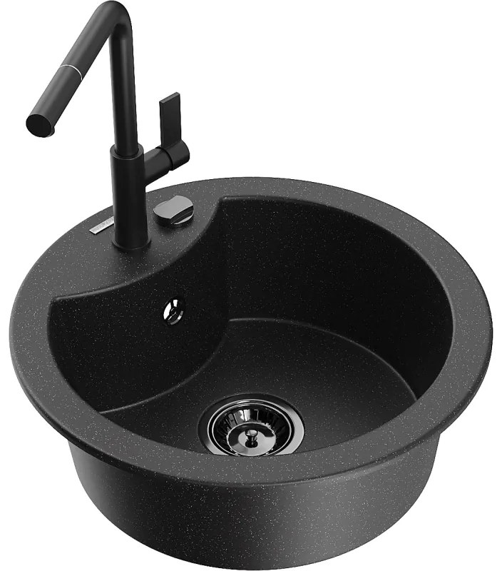 Mexen Diego, 1-komorový granitový drez 488x488x167 mm a drezová batéria Flora, čierna-strieborná metalíza, 6512-73-670401-70-B