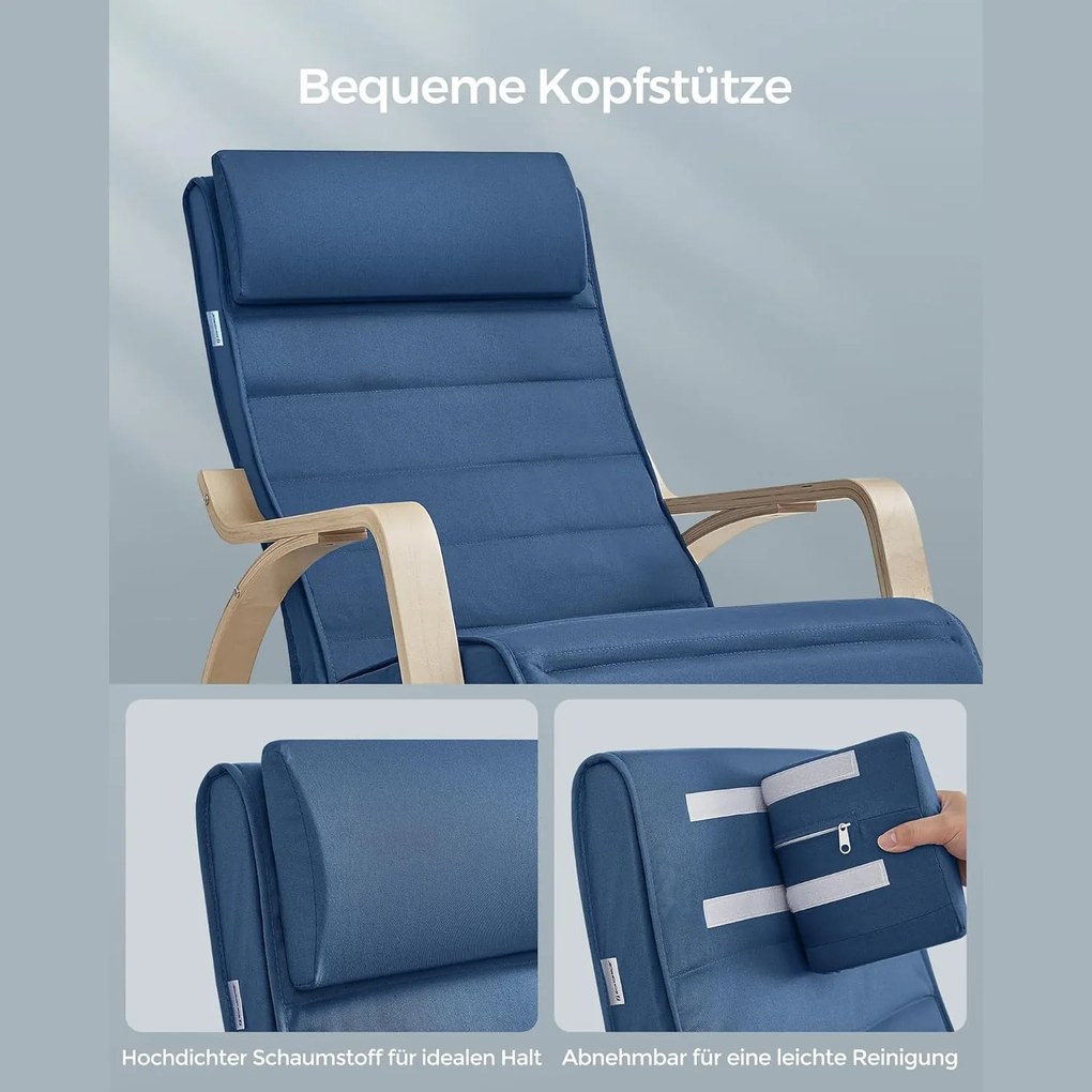 Hojdacie kreslo s podrúčkami z brezového dreva, nastaviteľná opierka nôh, modrá