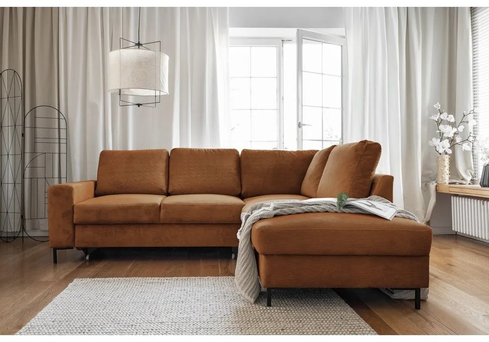 Oranžovohnedá menčestrová rozkladacia rohová pohovka (pravý roh) Lofty Lilly – Miuform