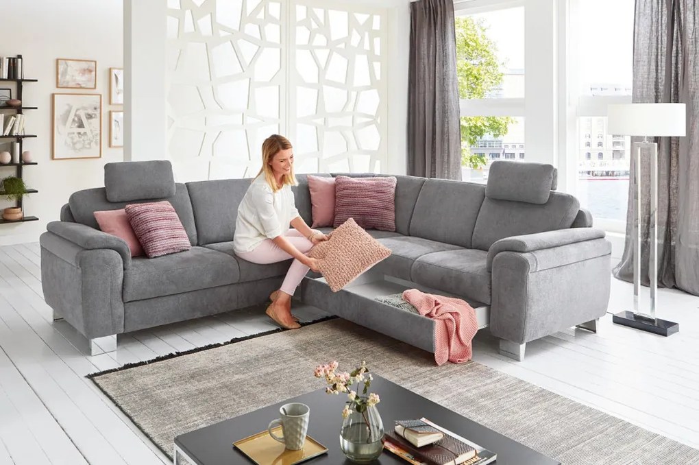 Rohová sedacia súprava s kreslom Omaha, šedá látka, s funkciami