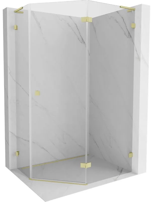 Mexen Lunar, L pravý výklopný päťuholníkový sprchový kút 90 x 80 cm, 8mm číre sklo, zlatý matný profil, 831L-090P-080L-55-00-P