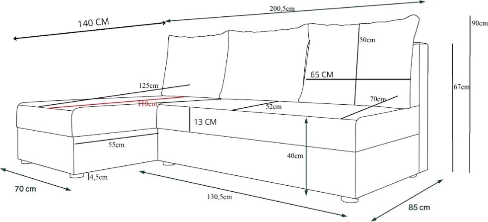 Rozkladacia obojstranná sedacia súprava do L VALERIO SLIM 200x140 cm, tmavosivá + 2 vankúšiky ZDARMA