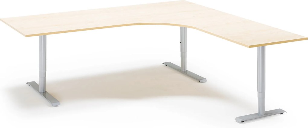 Výškovo nastaviteľný stôl Adeptus, pravý, 2000x2000 mm, dýha breza/šedá