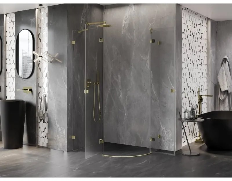 Mexen Lunar, polkruhový sprchový kút naklápací doľava 90 x 70 cm, 8mm číre sklo, zlatý profil, 833-090L-070P-50-00