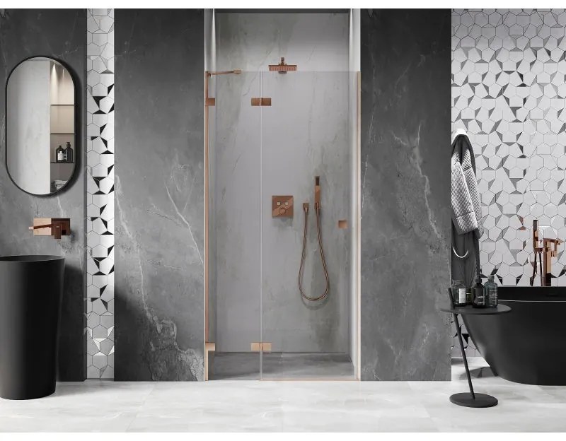 Mexen Lunar, výklopné sprchové dvere, ľavé 100 cm, 8mm číre sklo, medený matný profil, 834-100-000-65-00-L