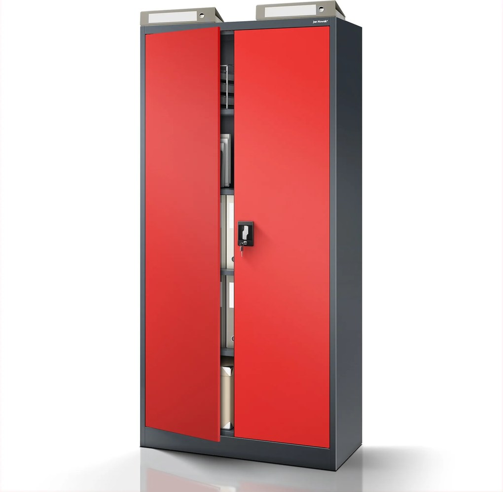 Kovová spisová skriňa JAN H, 900 x 1950 x 400 mm, antracitovo-červená