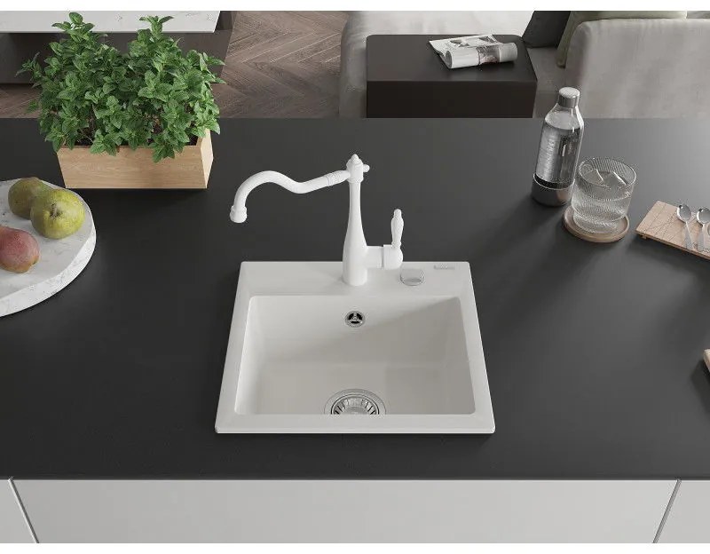 Mexen Milo, granitový drez 435x410x171 mm, 1-komorový a drezová batéria Carla, biela, 6505-20-670700-20