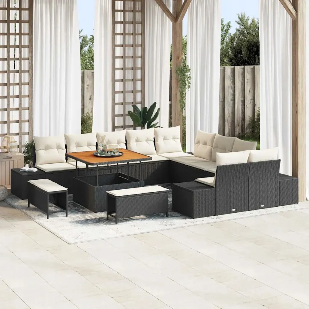 vidaXL 13-dielna záhradná sedacia súprava s vankúšmi čierna poly ratan acac