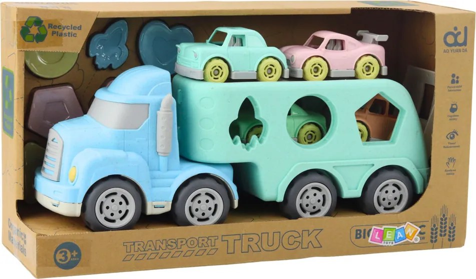 LEAN Toys Náučný triedič odťahové auto s autíčkami a kockami, pastelový BIO plast
