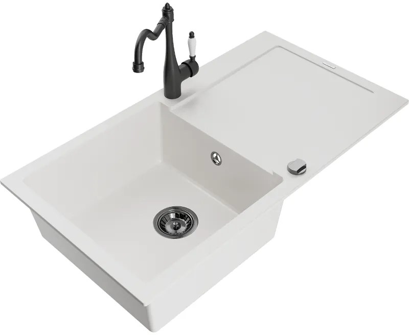Mexen Leo, 1-komorový granitový drez 900x500x190 mm a drezová batéria Carla, biela, 6501-20-670700-70