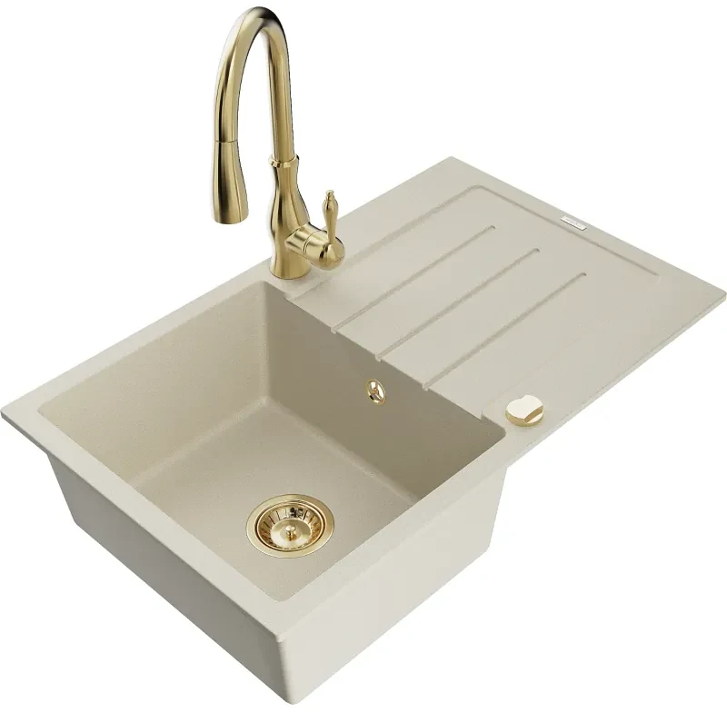 Mexen Bruno, 1-komorový granitový drez 795x495x200 mm a drezová batéria Savita, béžová, 6513-69-672601-50