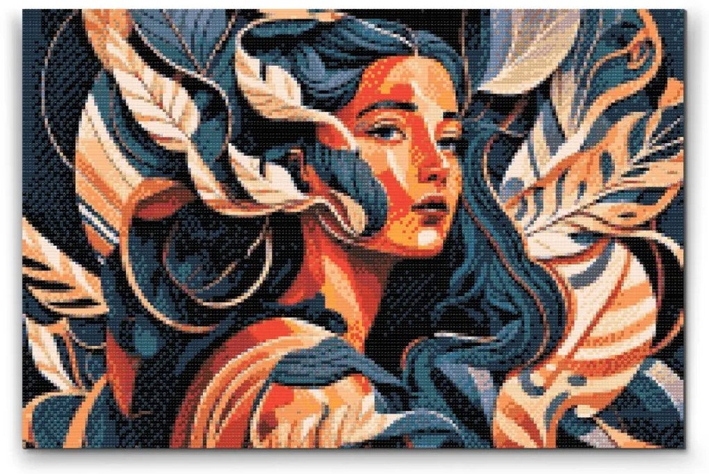 Gario Diamantové maľovanie Žena ukrytá v lístí Rozmery: 80 x 60 cm, Rámovanie: Iba zrolované plátno, Diamanty: Okrúhle