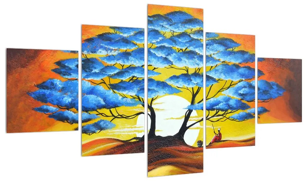 Orientálny obraz modrého stromu a slnka (K013895K12570)