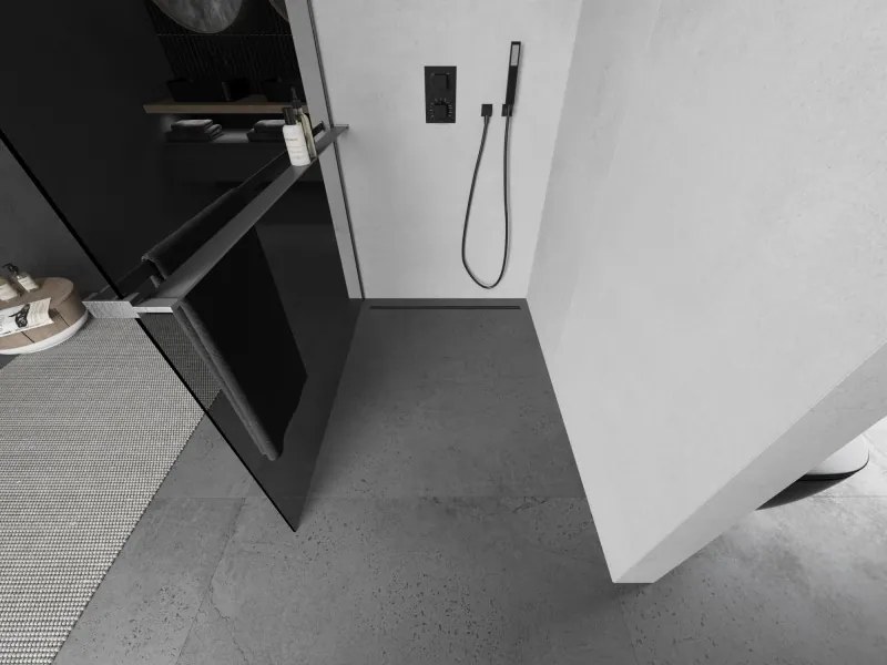 Mexen Kioto+, sprchová zástena Walk-In s poličkou a vešiakom 90 x 200 cm, 8mm šedé sklo, grafitový profil, 800-090-121-66-40