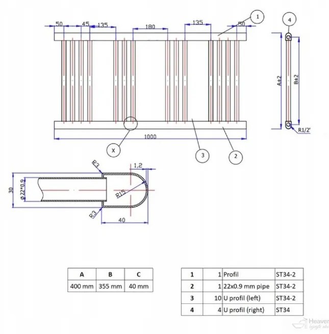 Erga Puerto, vykurovacie teleso 1000x400 mm, 393W, čierna matná, ERG-LAV-GRZE-BK-40100