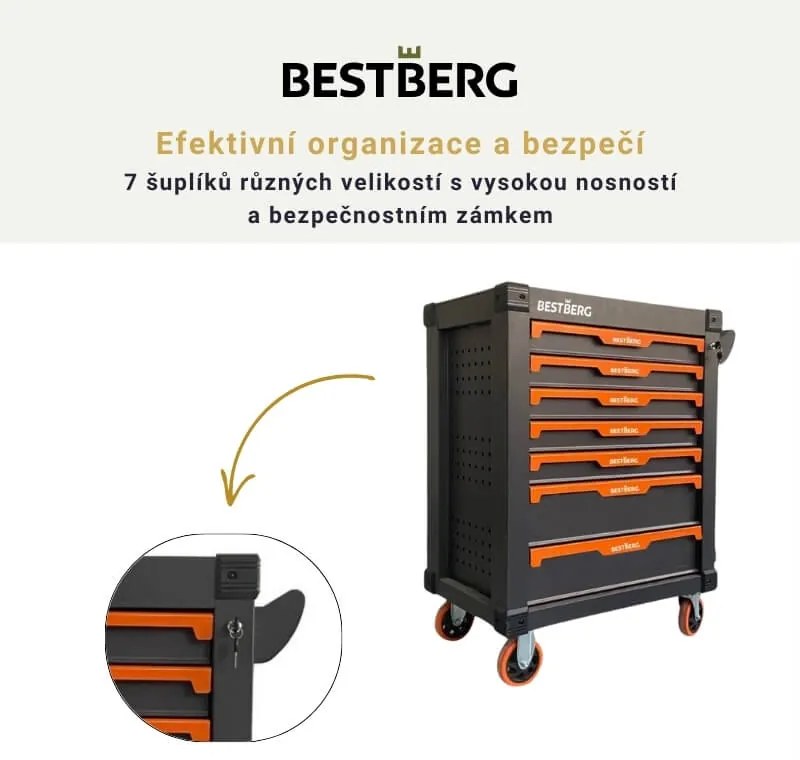 Kovový pojazdný dielenský vozík so 7 zásuvkami BestBerg BBTC-701 / SPCC steel