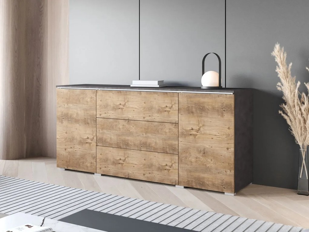 Komoda Sawoti 150, Farby: matera / matera + breslau gaštanov, Osvetlenie: osvetlenie LED biele